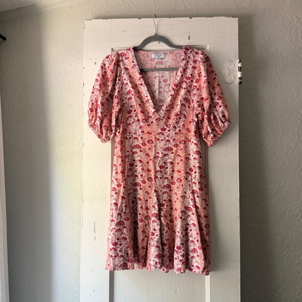 Rhode Target Pink Red Floral Linen Blend Puff Sleeve V-Neck Mini Dress Size 6